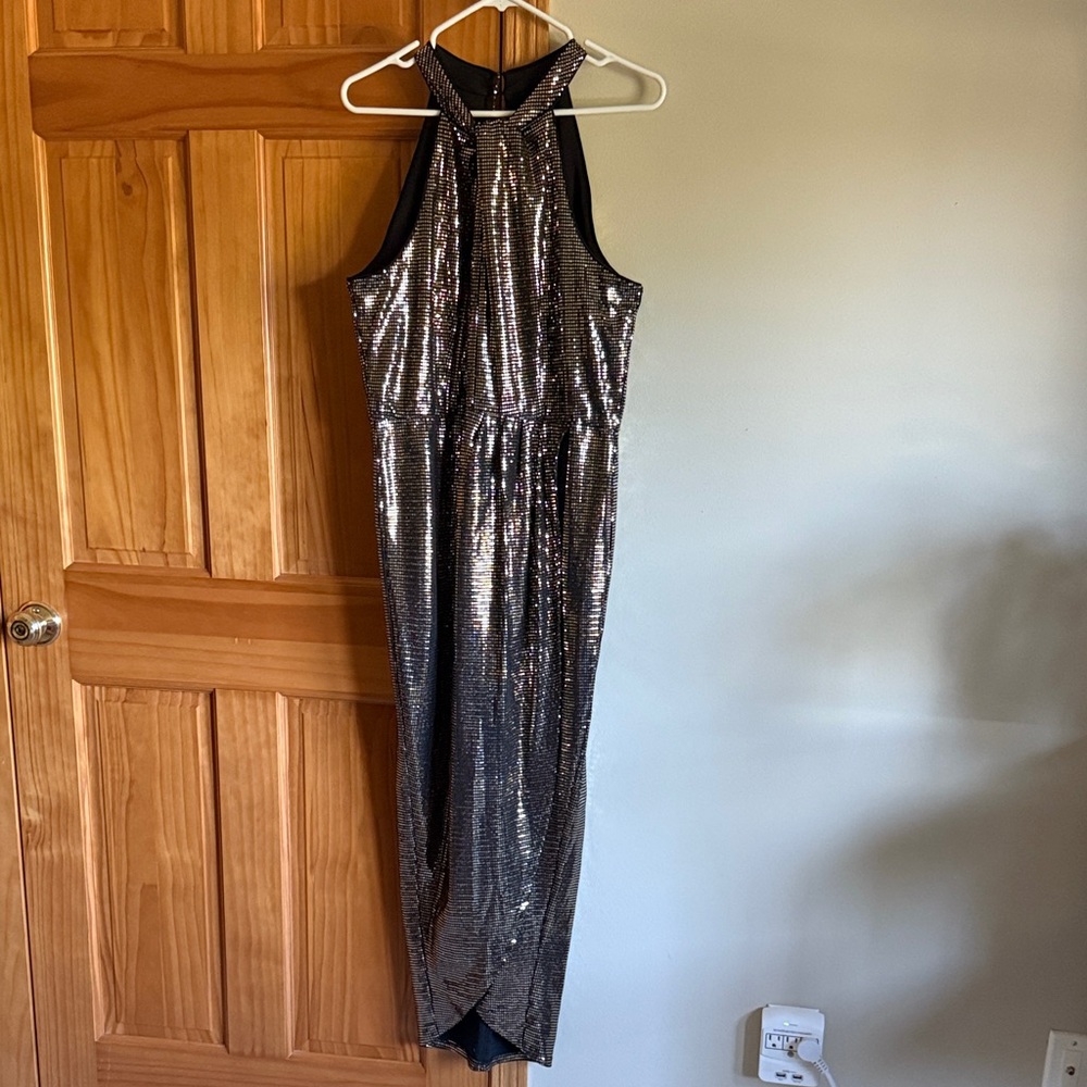 Gold Sequin Halter Midi Dress